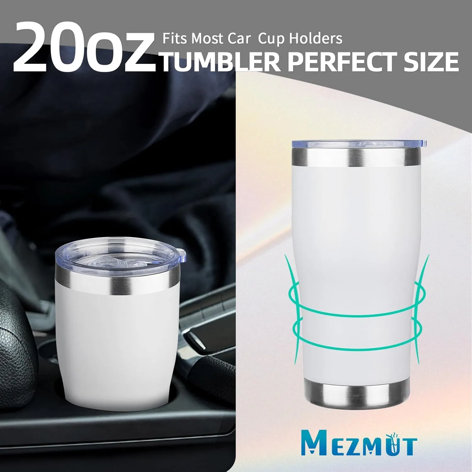 MEZMUT 20oz Coffee Tumbler with Lid and Straw Double Wall Vacuum Insulated Cup Stainless Steel Travel Mugs Insulated for Hot Cold Leakproof Powder Coated Tumbler for Indoor Outdoor(White, 6)
