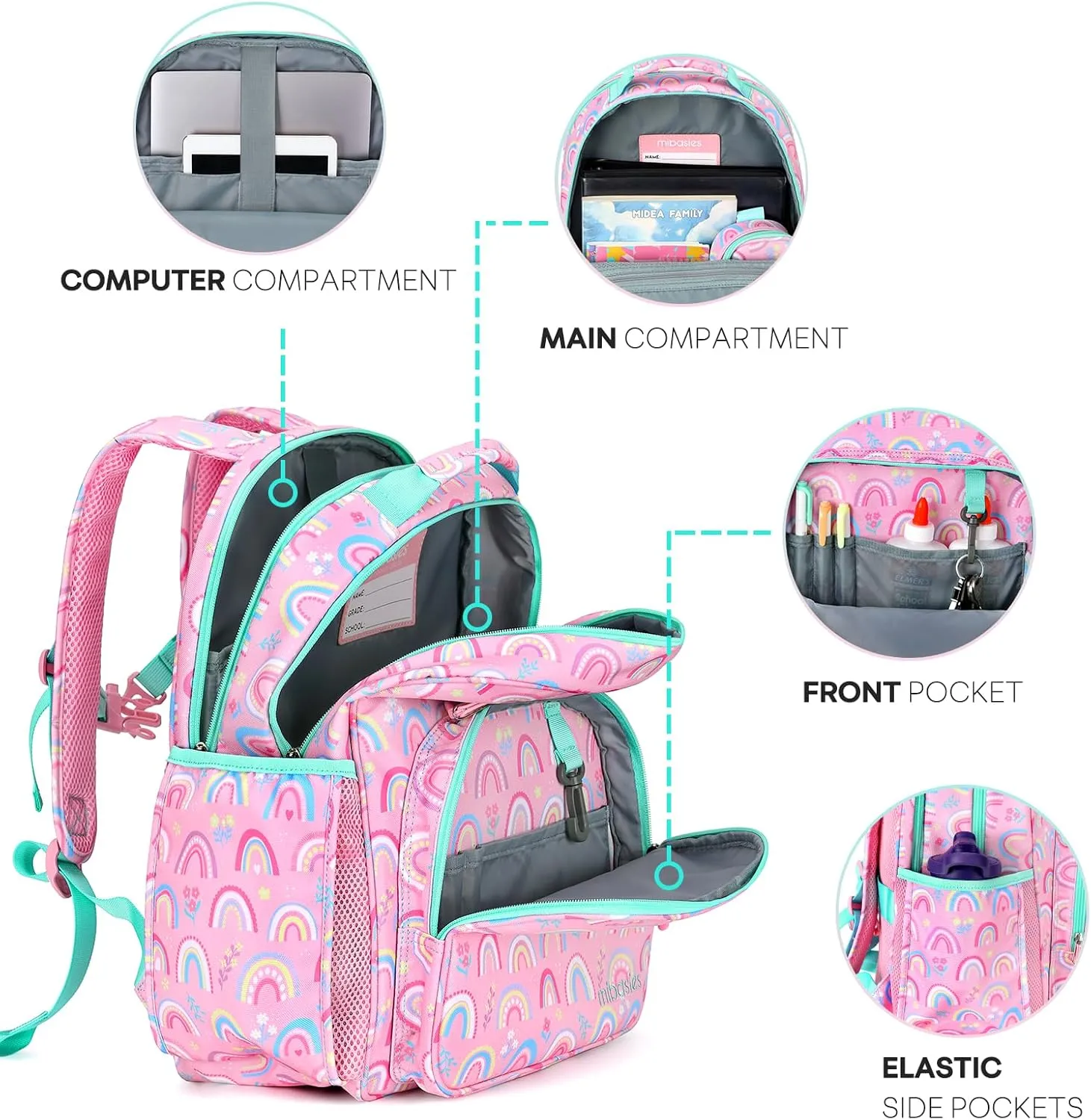 mibasies Girls Backpack: Large Kids Backpack Girls for Elementary School with Laptop Compartment - Rainbow Pink