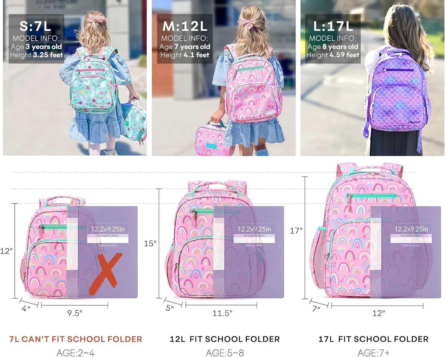 mibasies Girls Backpack: Large Kids Backpack Girls for Elementary School with Laptop Compartment - Rainbow Pink