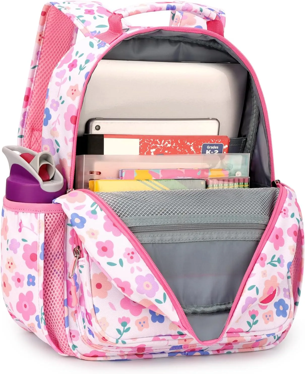 mibasies Kids Backpack for Girls: Girls Backpack 5-8 - Kindergarten Elementary School Bookbag for Girl - Floral Pink