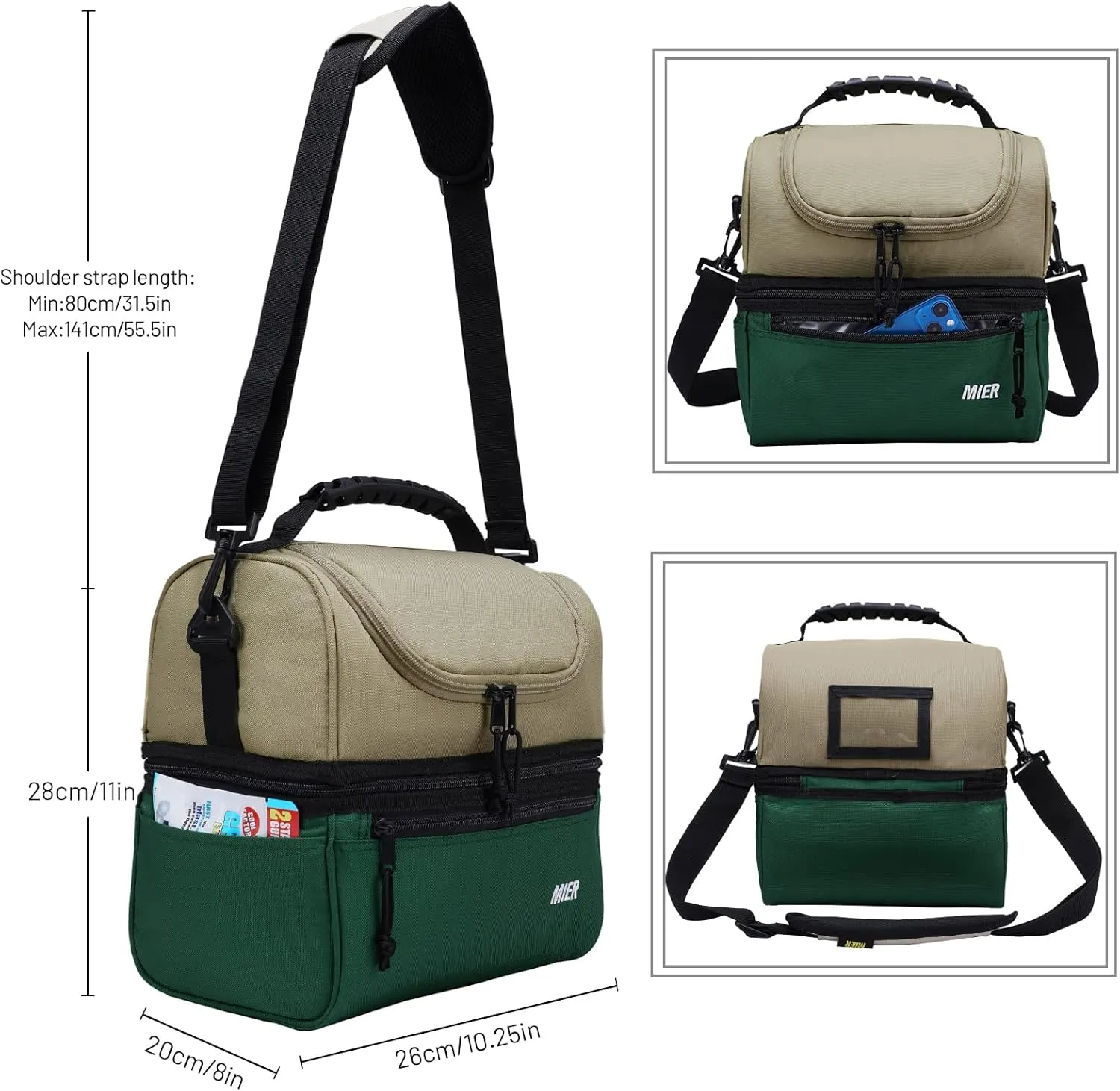 MIER Adult Lunch Box Insulated Lunch Bag Large Cooler Tote Bag for Men, Women, Double Deck Cooler （Army Green/Khaki, Large）