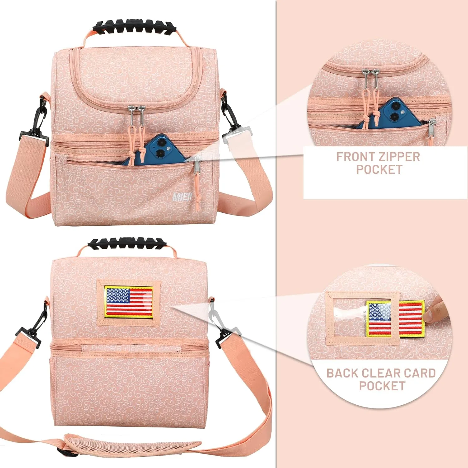 MIER Adult Lunch Box Insulated Lunch Bag Large Cooler Tote Bag for Men Women to Work Travel Daytrip, Double Deck Cooler (Pink Floral, Large)