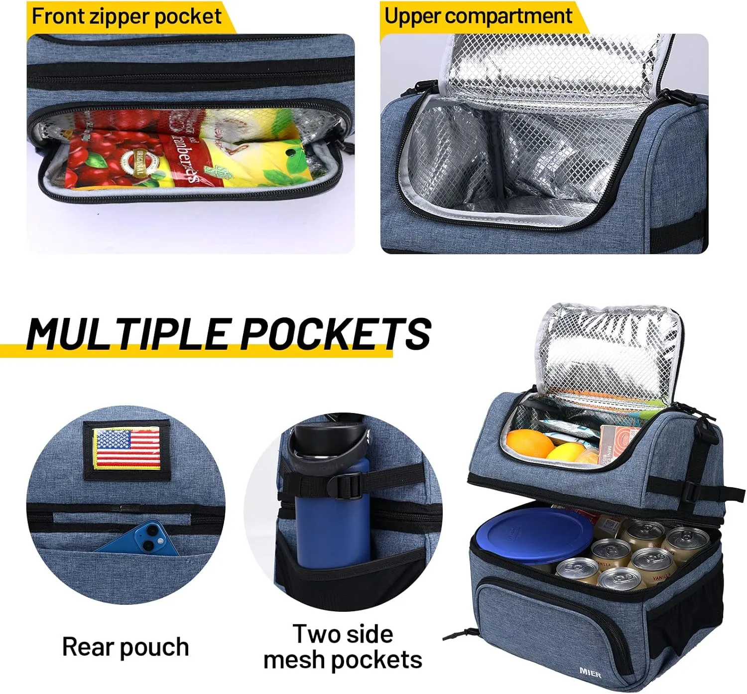 MIER Dual Compartment Lunch Bag Tote with Shoulder Strap for Men and Women Insulated Leakproof Cooler Bag, Bluesteel
