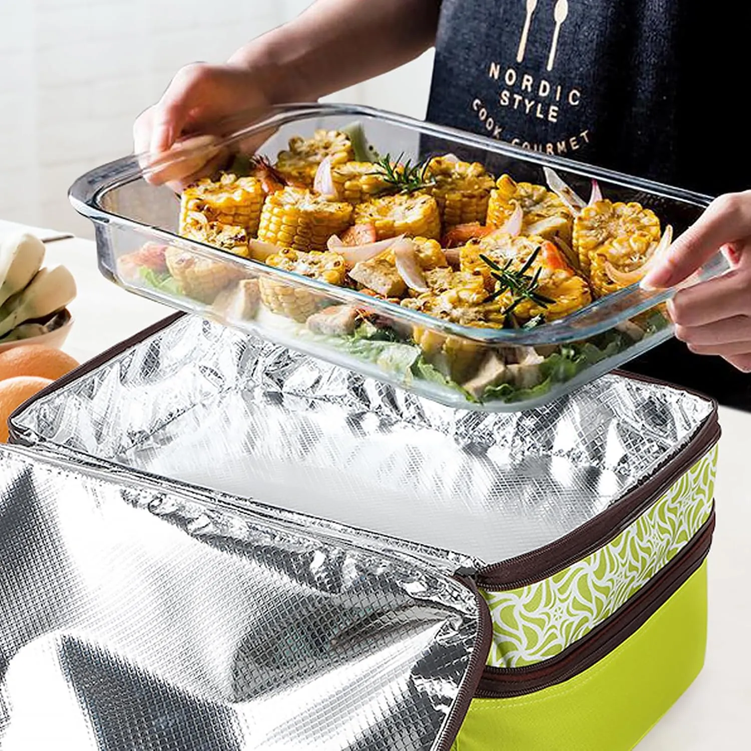 MIER Insulated Double Casserole Carrier Bag Fits 9 x 13 Inches Baking Dish, Casserole Dish, Expandable by Mid Zipper, Grass Green