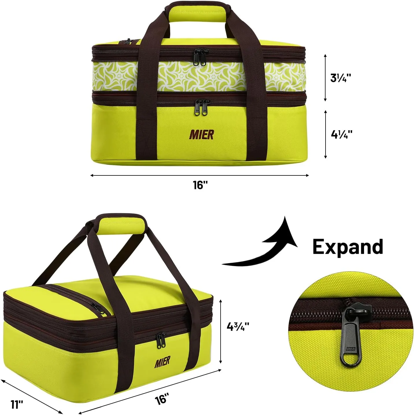 MIER Insulated Double Casserole Carrier Bag Fits 9 x 13 Inches Baking Dish, Casserole Dish, Expandable by Mid Zipper, Grass Green