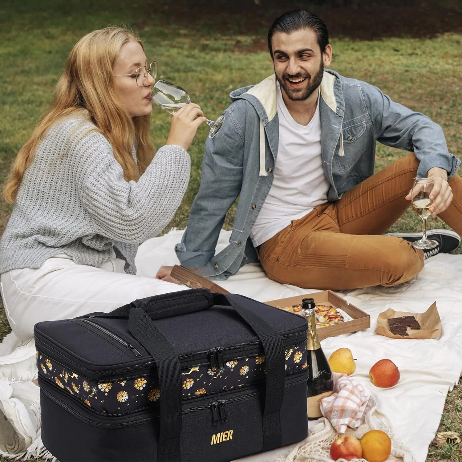 MIER Insulated Double Casserole Carrier Bag for Lasagna Lugger, Potluck Parties, Picnic, Beach, Fits 9 x 13 Inches Baking Dish, Casserole Dish, Expandable, Black