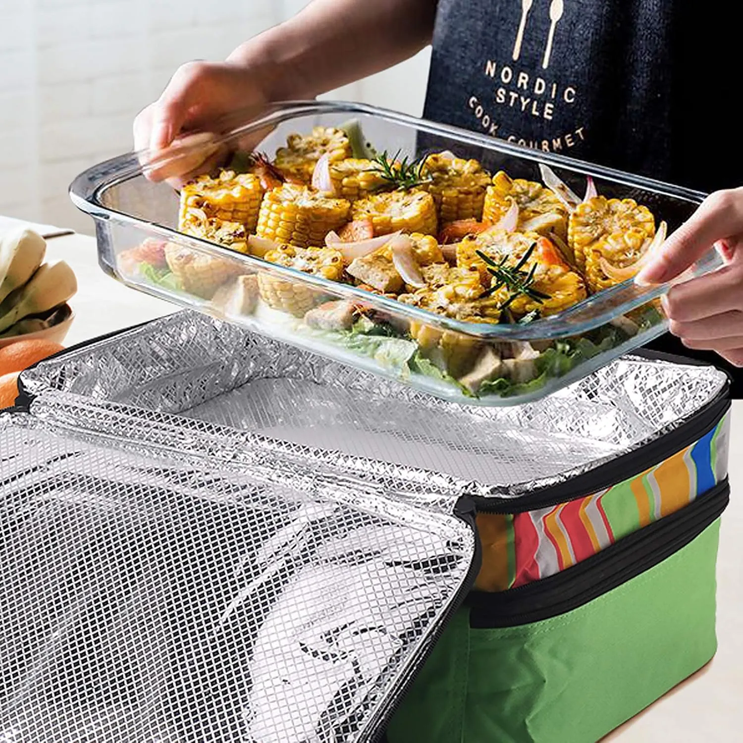 MIER Insulated Double Casserole Carrier Thermal Lunch Tote for Potluck Parties, Picnic, Beach, Fits 9 x 13 Inches Casserole Dish, Expandable by Mid Zipper, Green