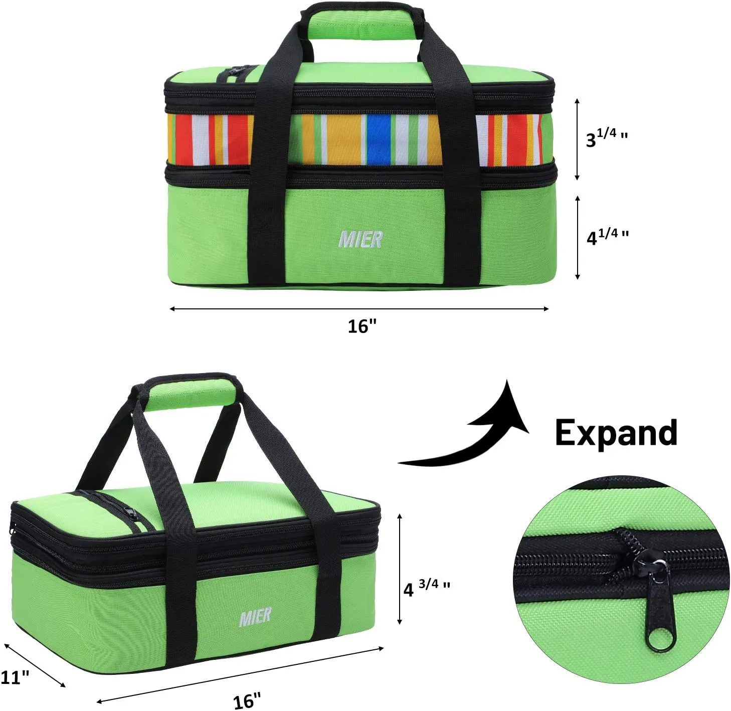 MIER Insulated Double Casserole Carrier Thermal Lunch Tote for Potluck Parties, Picnic, Beach, Fits 9 x 13 Inches Casserole Dish, Expandable by Mid Zipper, Green