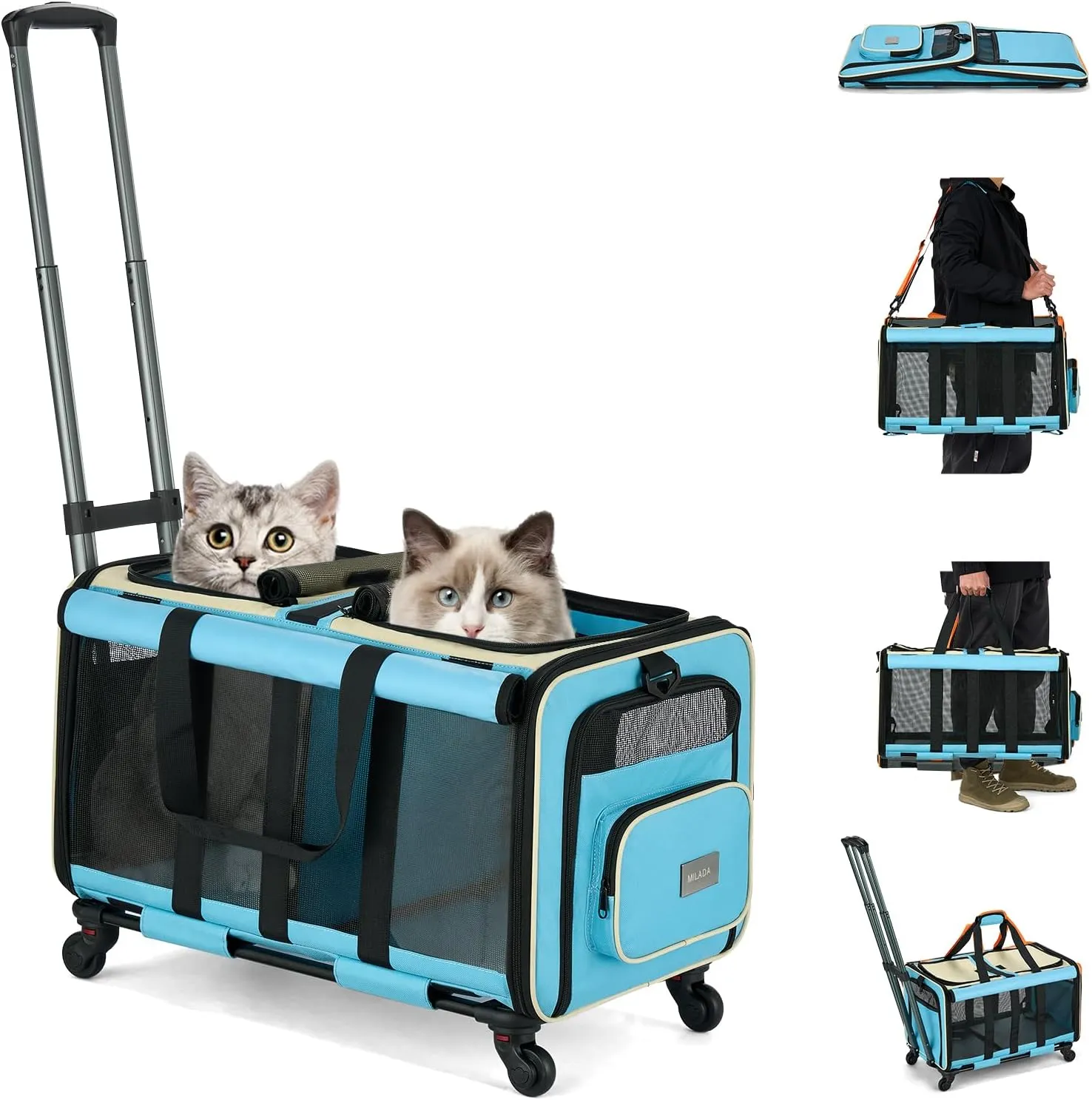 MILADA Cat Carrier Soft with Wheels for 2 Cats Soft Cat Carrier with Handle Foldable Double-Compartment Rolling Pet Carrier for Travel Dog Crate Hiking Shopping and Camping（Not for Air Travel）,Blue
