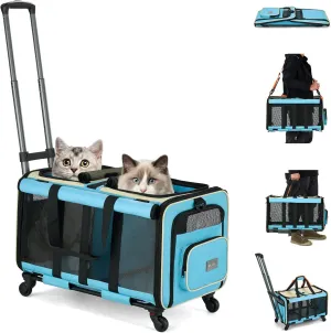 MILADA Cat Carrier Soft with Wheels for 2 Cats Soft Cat Carrier with Handle Foldable Double-Compartment Rolling Pet Carrier for Travel Dog Crate Hiking Shopping and Camping（Not for Air Travel）,Blue