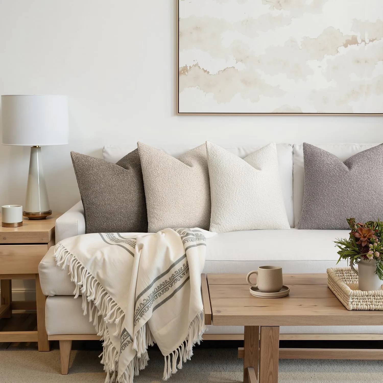 MIULEE Pack of 4 Decorative Textured Boucle Throw Pillow Covers 18x18 Inch Neutral Accent Solid Pillow Cases Soft Couch Cushion Covers for Modern Farmhouse Boho Chair Sofa Bed Livingroom Home Decor