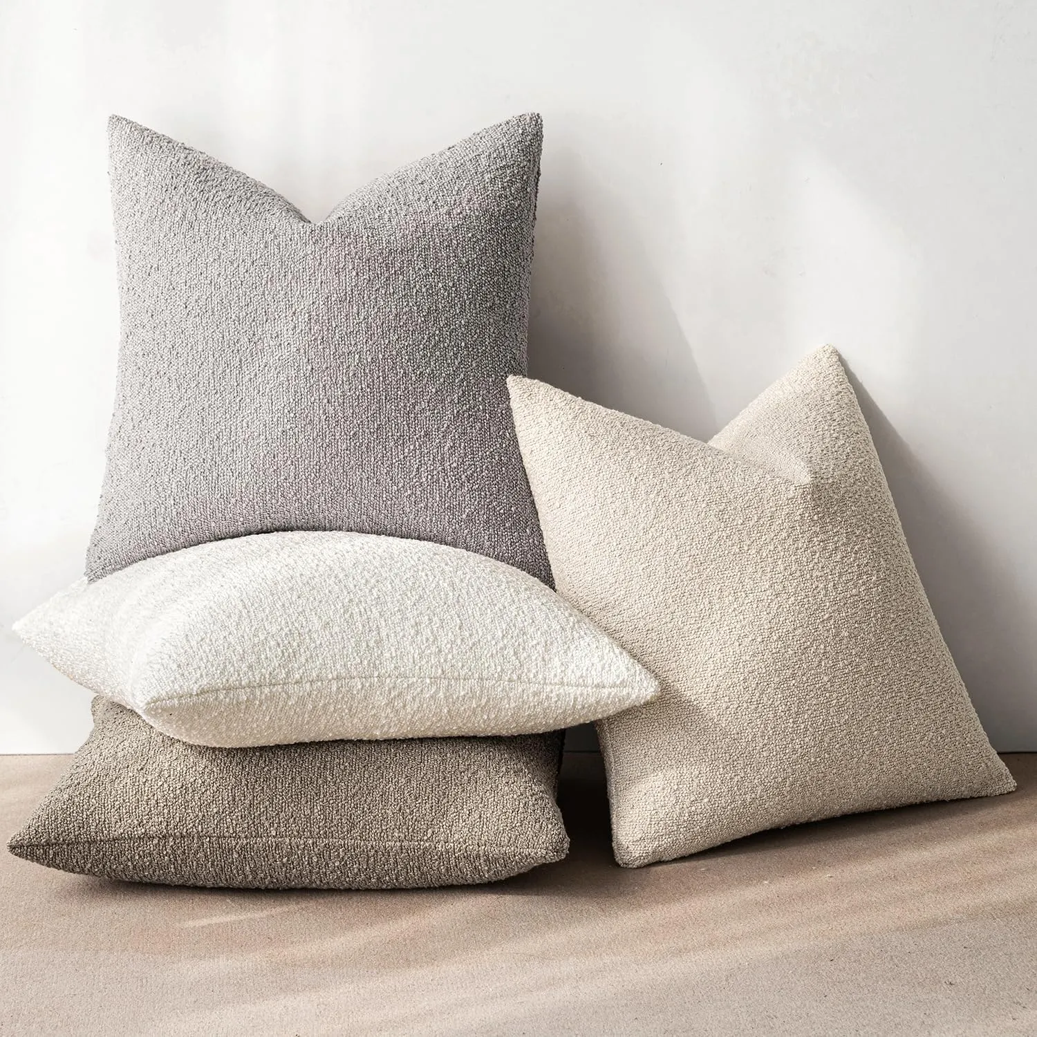 MIULEE Pack of 4 Decorative Textured Boucle Throw Pillow Covers 18x18 Inch Neutral Accent Solid Pillow Cases Soft Couch Cushion Covers for Modern Farmhouse Boho Chair Sofa Bed Livingroom Home Decor