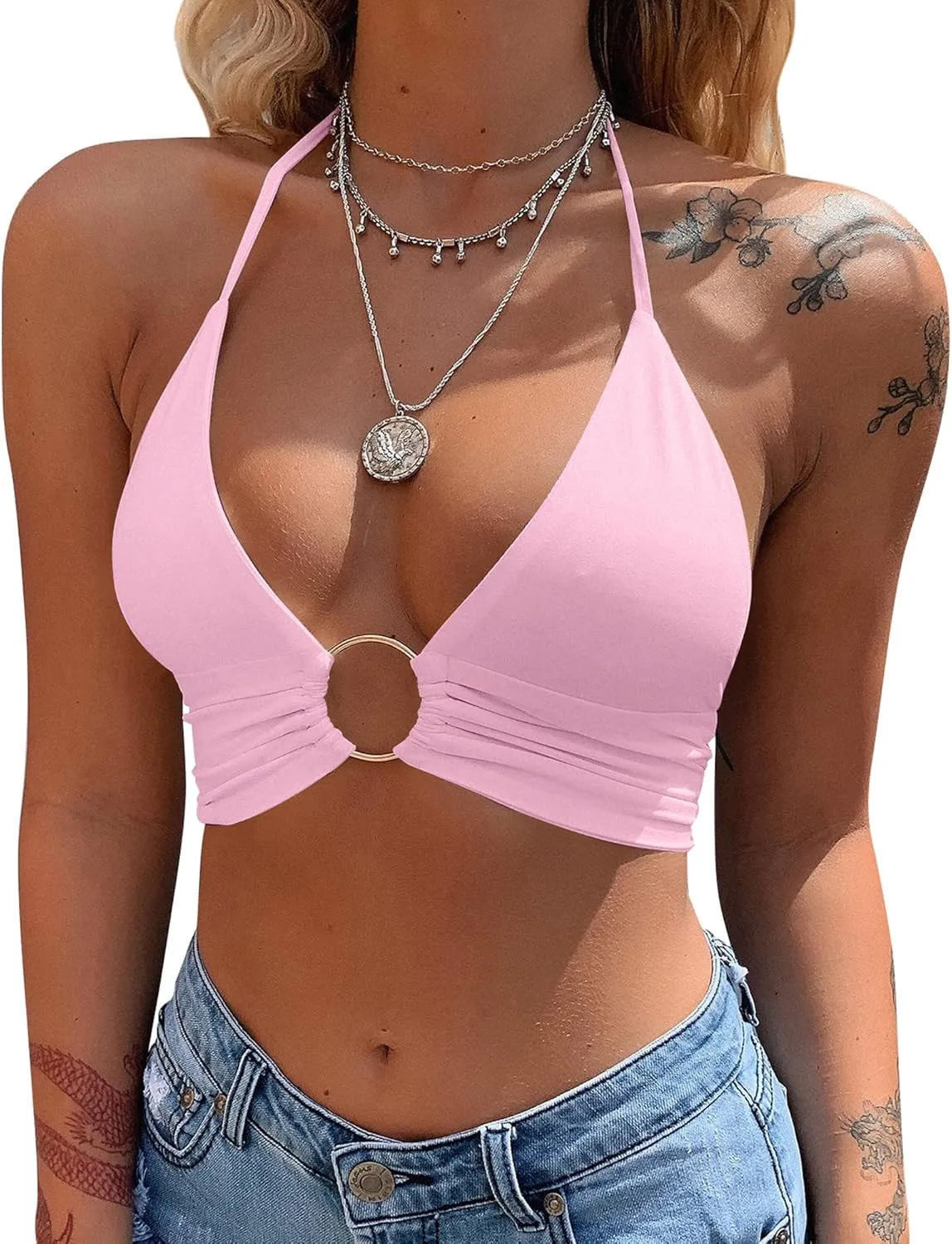 Mizoci Women's Sexy Summer Sleeveless Halter Deep V Neck Crop Top Tie Up Backless Cami