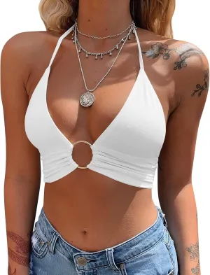 Mizoci Women's Sexy Summer Sleeveless Halter Deep V Neck Crop Top Tie Up Backless Cami