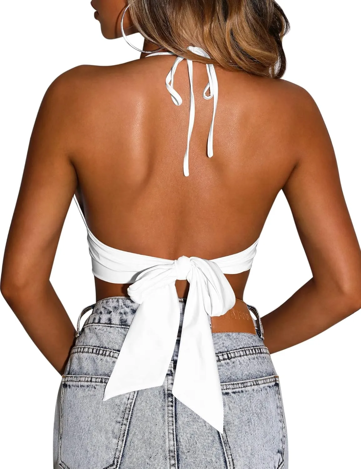 Mizoci Women's Sexy Summer Sleeveless Halter Deep V Neck Crop Top Tie Up Backless Cami