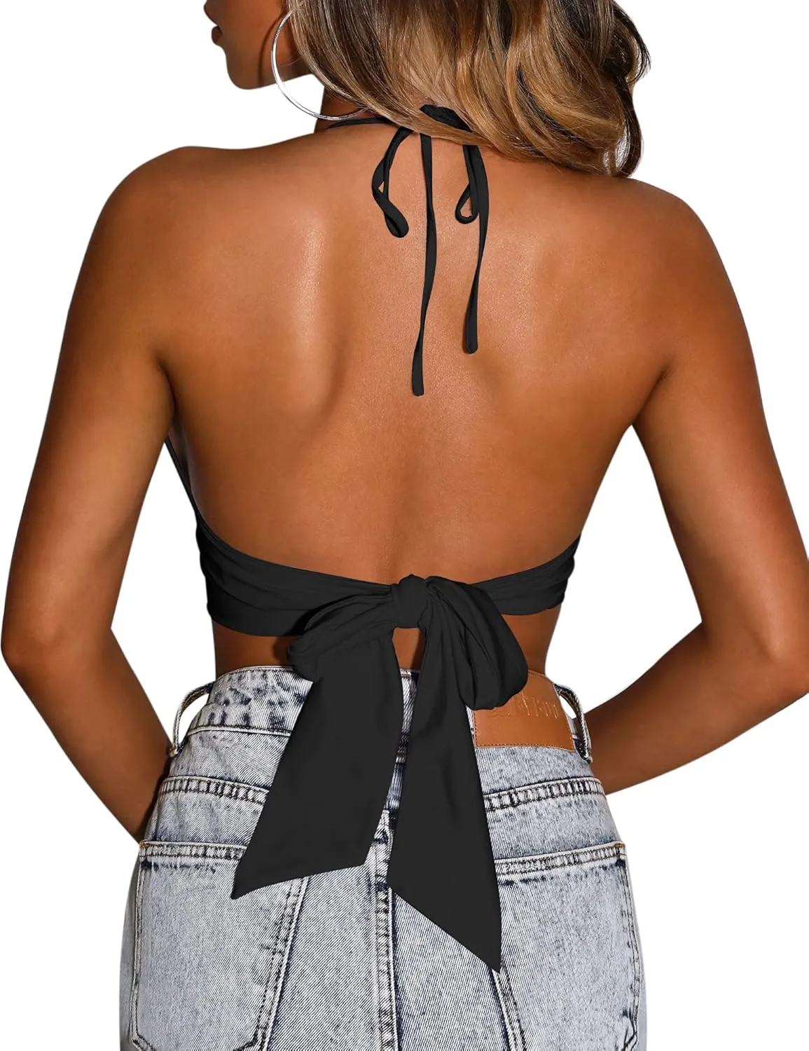 Mizoci Women's Sexy Summer Sleeveless Halter Deep V Neck Crop Top Tie Up Backless Cami
