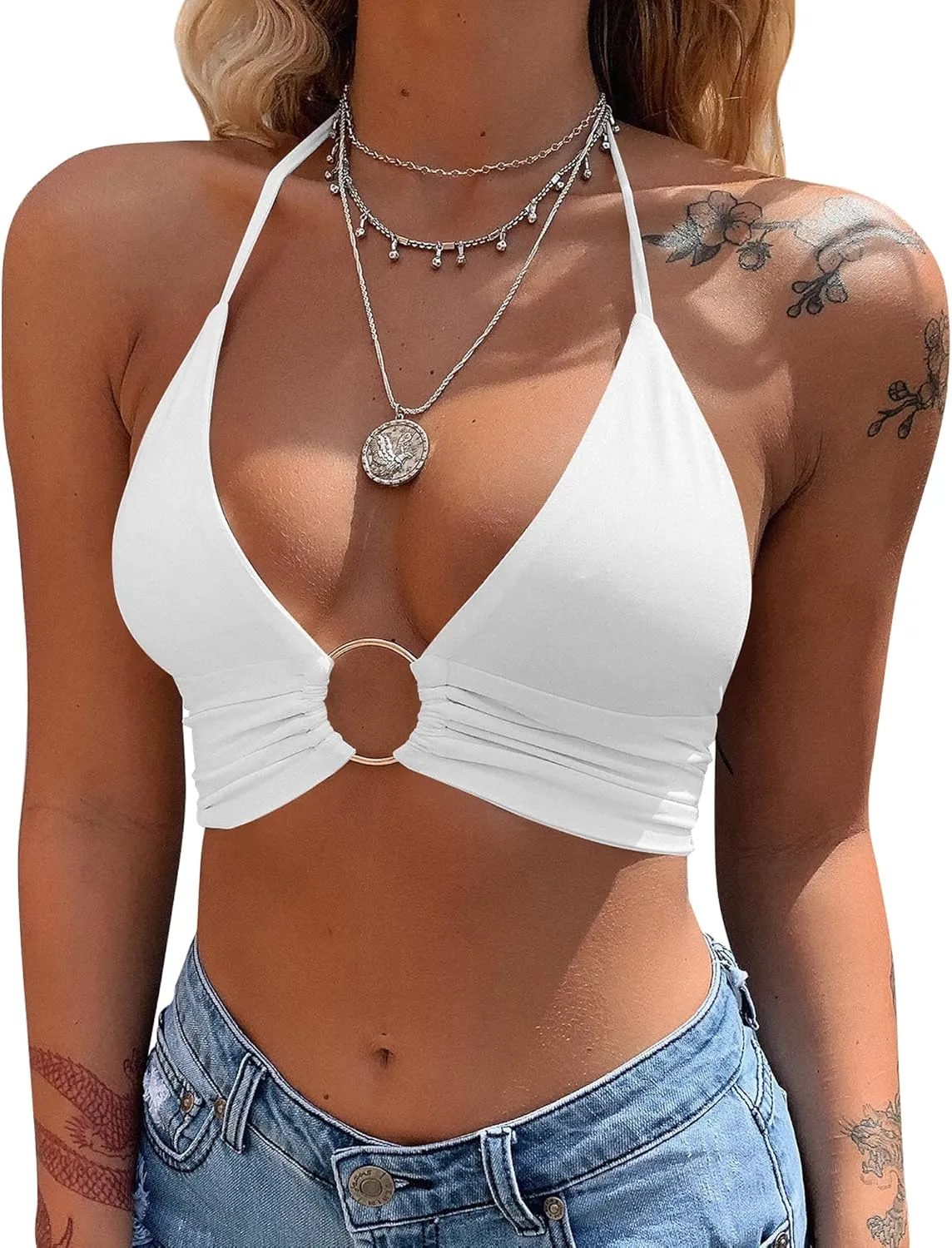 Mizoci Women's Sexy Summer Sleeveless Halter Deep V Neck Crop Top Tie Up Backless Cami