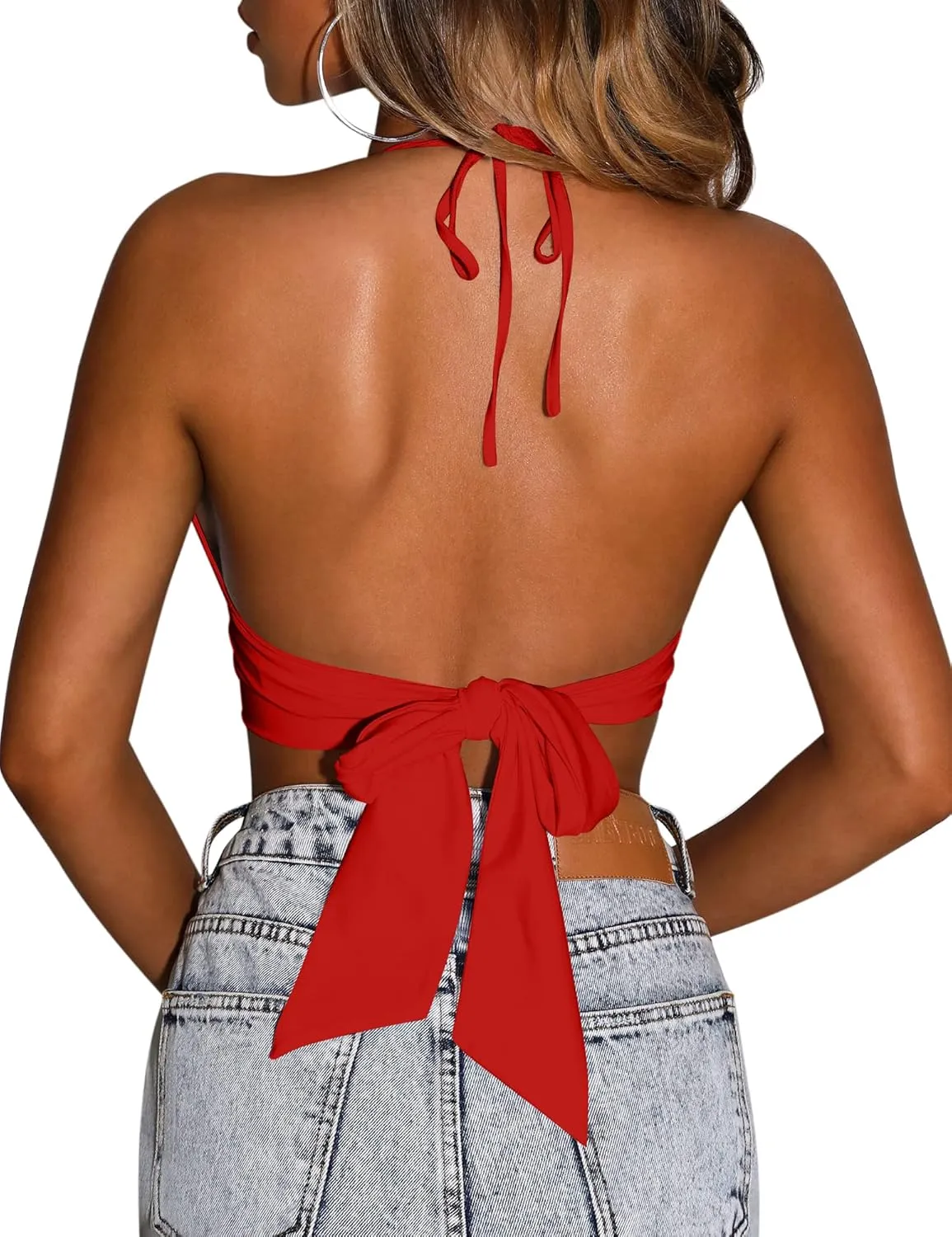 Mizoci Women's Sexy Summer Sleeveless Halter Deep V Neck Crop Top Tie Up Backless Cami