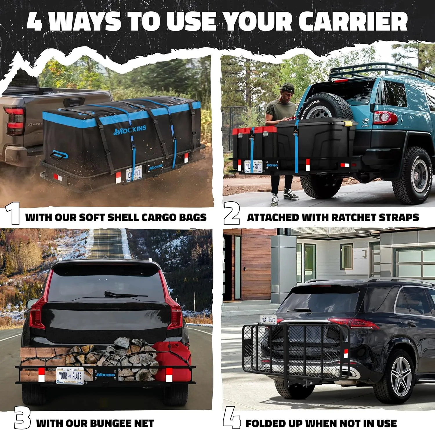Mockins 60"x24"x6" Folding Trailer Hitch Cargo Carrier w/ 25 CuFt. Soft Vinyl Waterproof Cargo Bag | 500 Lbs. Capacity Car Carrier Cargo Rack & Car Bag Set | Waterproof Truck Bed Storage Accessories