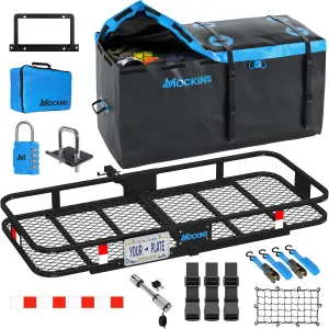 Mockins 60"x24"x6" Folding Trailer Hitch Cargo Carrier w/ 25 CuFt. Soft Vinyl Waterproof Cargo Bag | 500 Lbs. Capacity Car Carrier Cargo Rack & Car Bag Set | Waterproof Truck Bed Storage Accessories