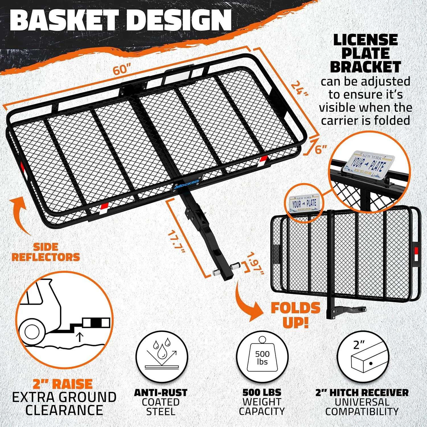 Mockins 60"x24"x6" Folding Trailer Hitch Cargo Carrier w/ 25 CuFt. Soft Vinyl Waterproof Cargo Bag | 500 Lbs. Capacity Car Carrier Cargo Rack & Car Bag Set | Waterproof Truck Bed Storage Accessories