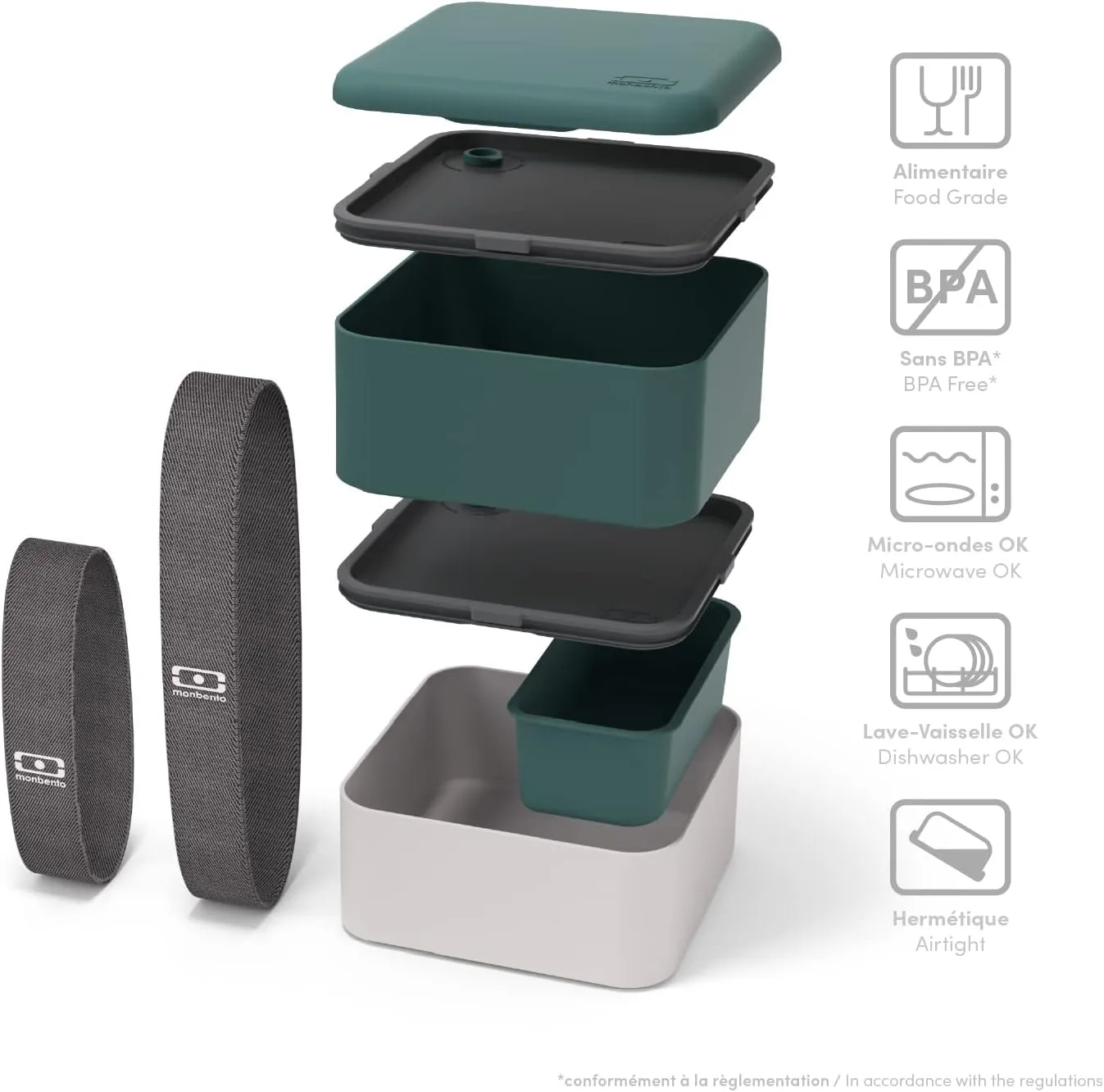 monbento - Large Bento Lunch Box MB Square green Pine/gray Coton with Compartments - Leakproof Lunch Box for Work/Picnic/Meal Prep - BPA Free – Microwave & Dishwasher Safe - Green & Gray