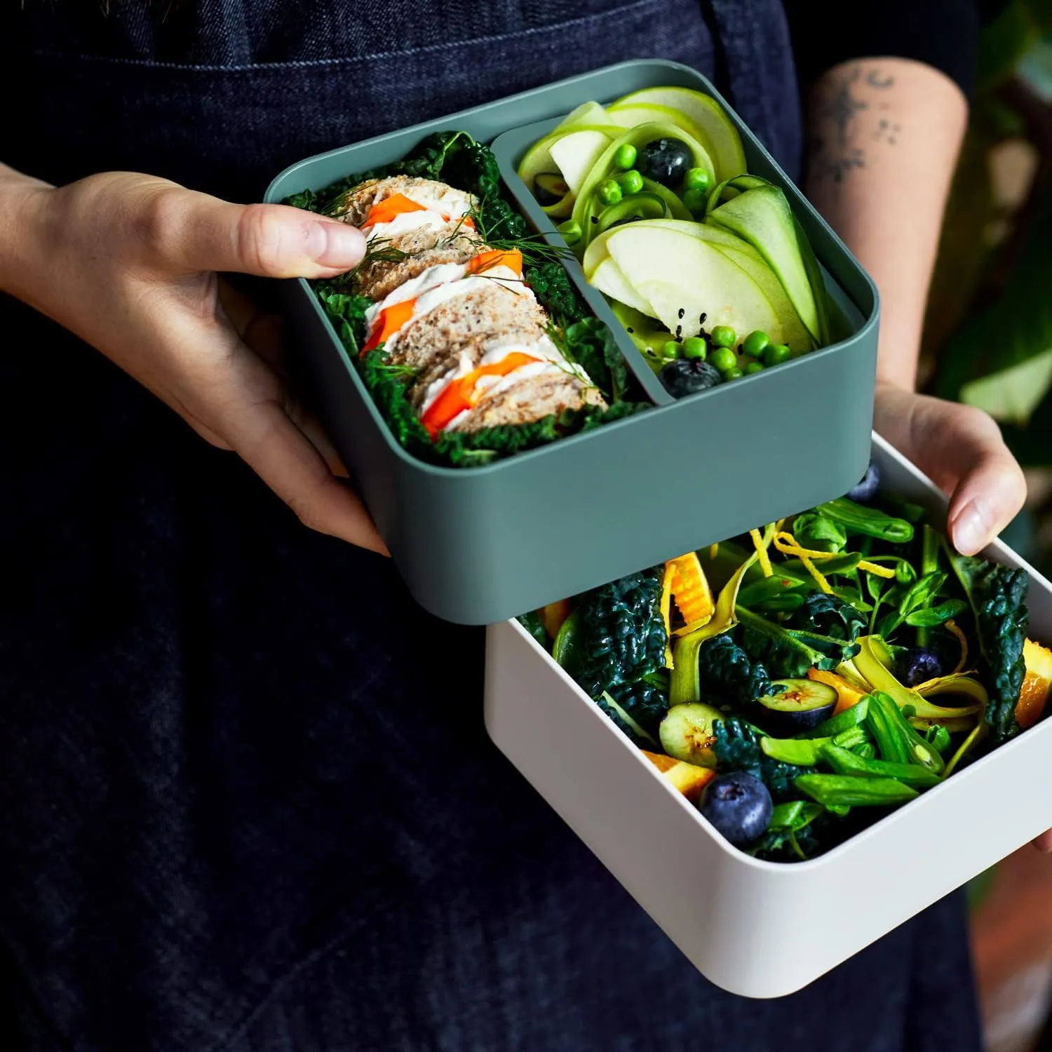 monbento - Large Bento Lunch Box MB Square green Pine/gray Coton with Compartments - Leakproof Lunch Box for Work/Picnic/Meal Prep - BPA Free – Microwave & Dishwasher Safe - Green & Gray