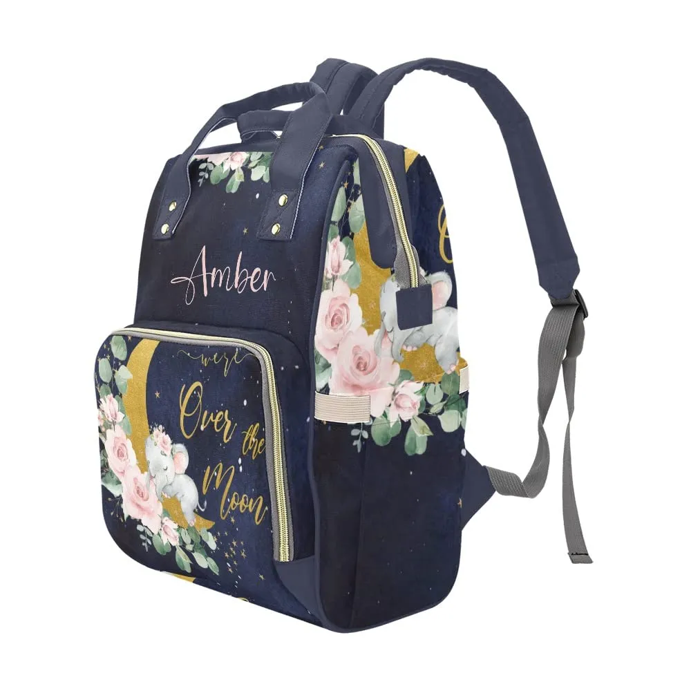Moon Flower Elephant Diaper Bags Backpack with Name Personalized Baby Nursing Nappy Travel Tote Bag Gifts for Mom