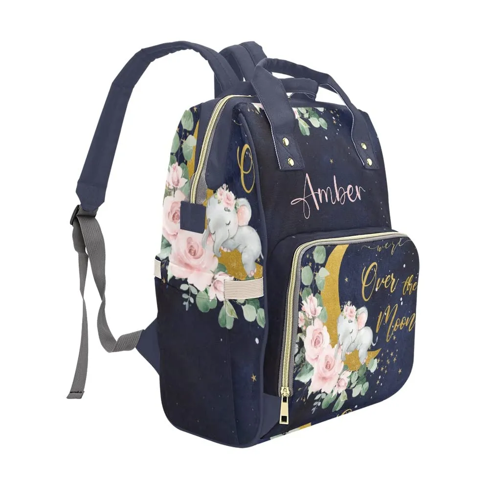 Moon Flower Elephant Diaper Bags Backpack with Name Personalized Baby Nursing Nappy Travel Tote Bag Gifts for Mom