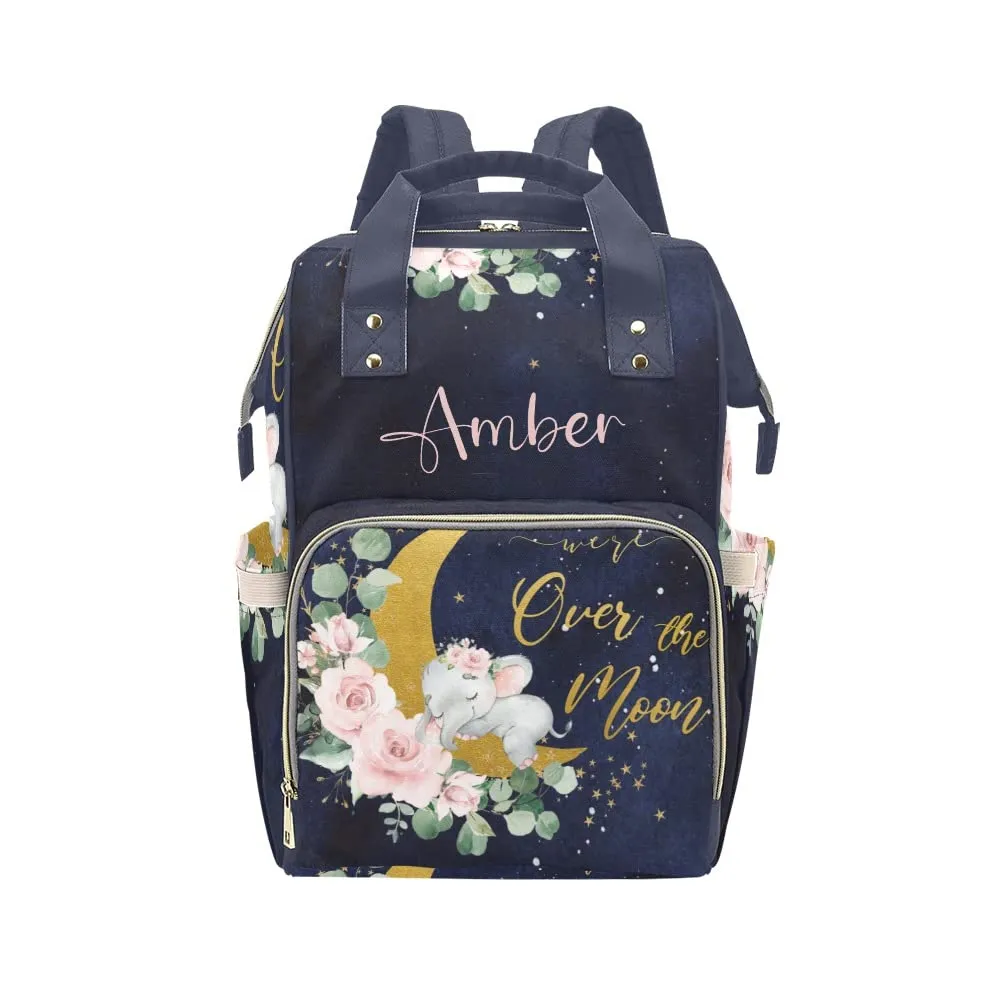 Moon Flower Elephant Diaper Bags Backpack with Name Personalized Baby Nursing Nappy Travel Tote Bag Gifts for Mom