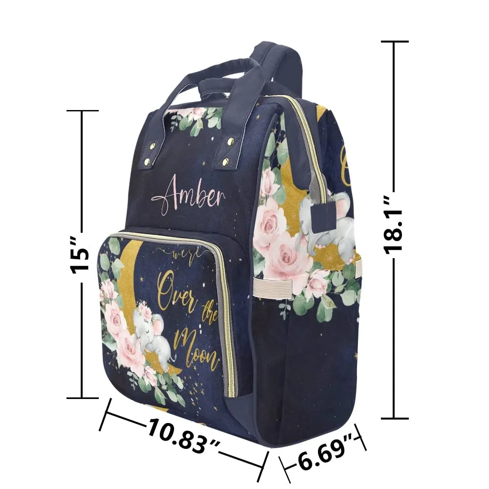 Moon Flower Elephant Diaper Bags Backpack with Name Personalized Baby Nursing Nappy Travel Tote Bag Gifts for Mom