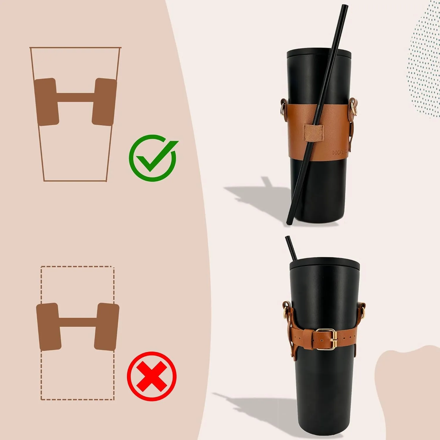 MORIK Drink Carrier with Adjustable Shoulder Strap and Hand Strap for Drinks Under 30 Oz - Coffee Cup Holder, Drink Caddy for Yeti and Stanley Tumblers, Boba Drink Holder (2nd Generation) (Brown)