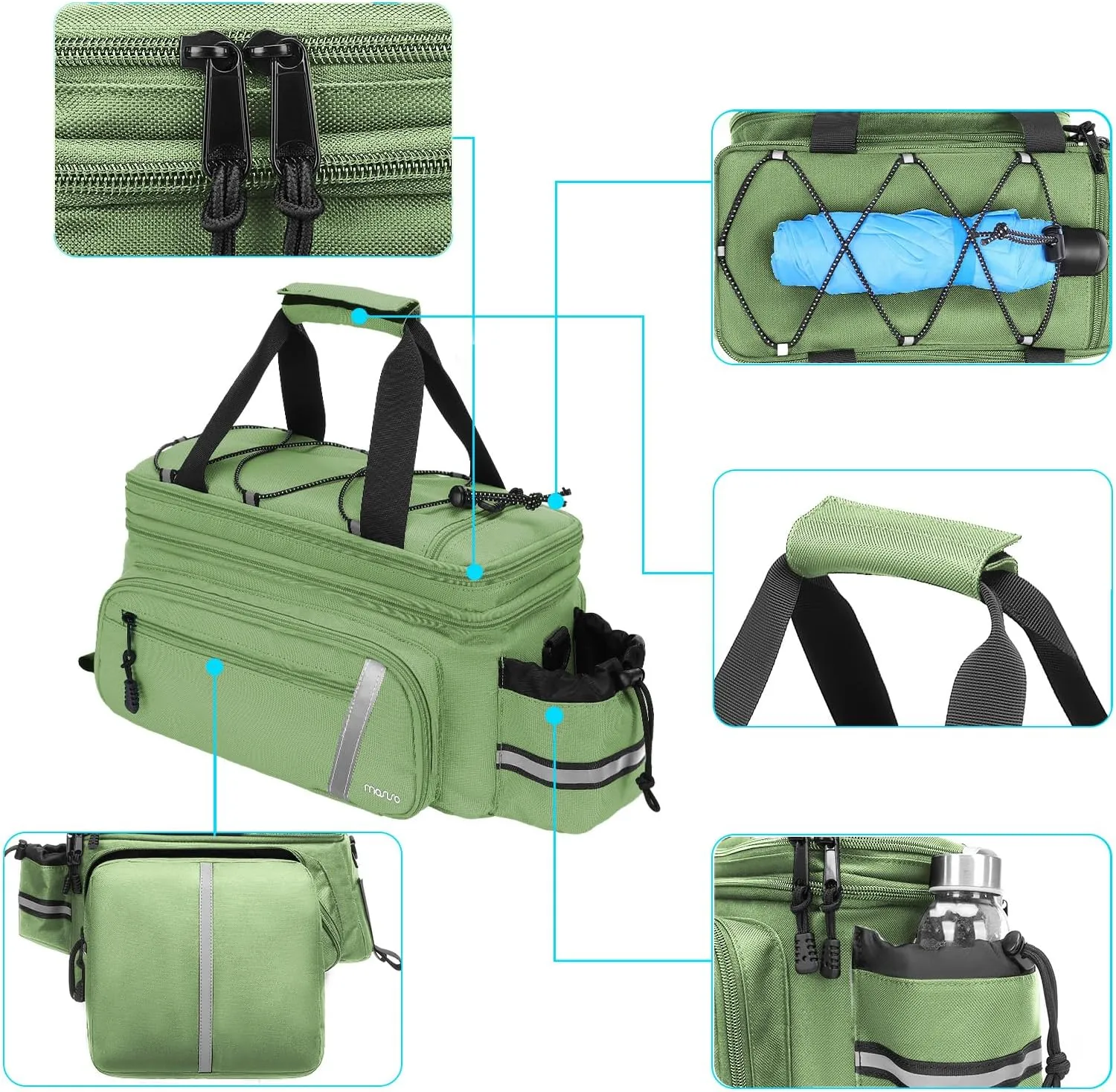 MOSISO Bike Rack Bag with Rain Cover, Bike Trunk Cooler Handag Insulated Bicycle Rear Seat Pouch with 2 Side Foldable Panniers, 8L Cycling Backseat Storage Cargo Saddle Shoulder Bag, Wllow Green