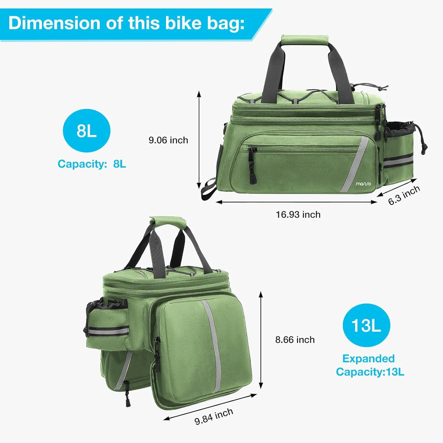 MOSISO Bike Rack Bag with Rain Cover, Bike Trunk Cooler Handag Insulated Bicycle Rear Seat Pouch with 2 Side Foldable Panniers, 8L Cycling Backseat Storage Cargo Saddle Shoulder Bag, Wllow Green