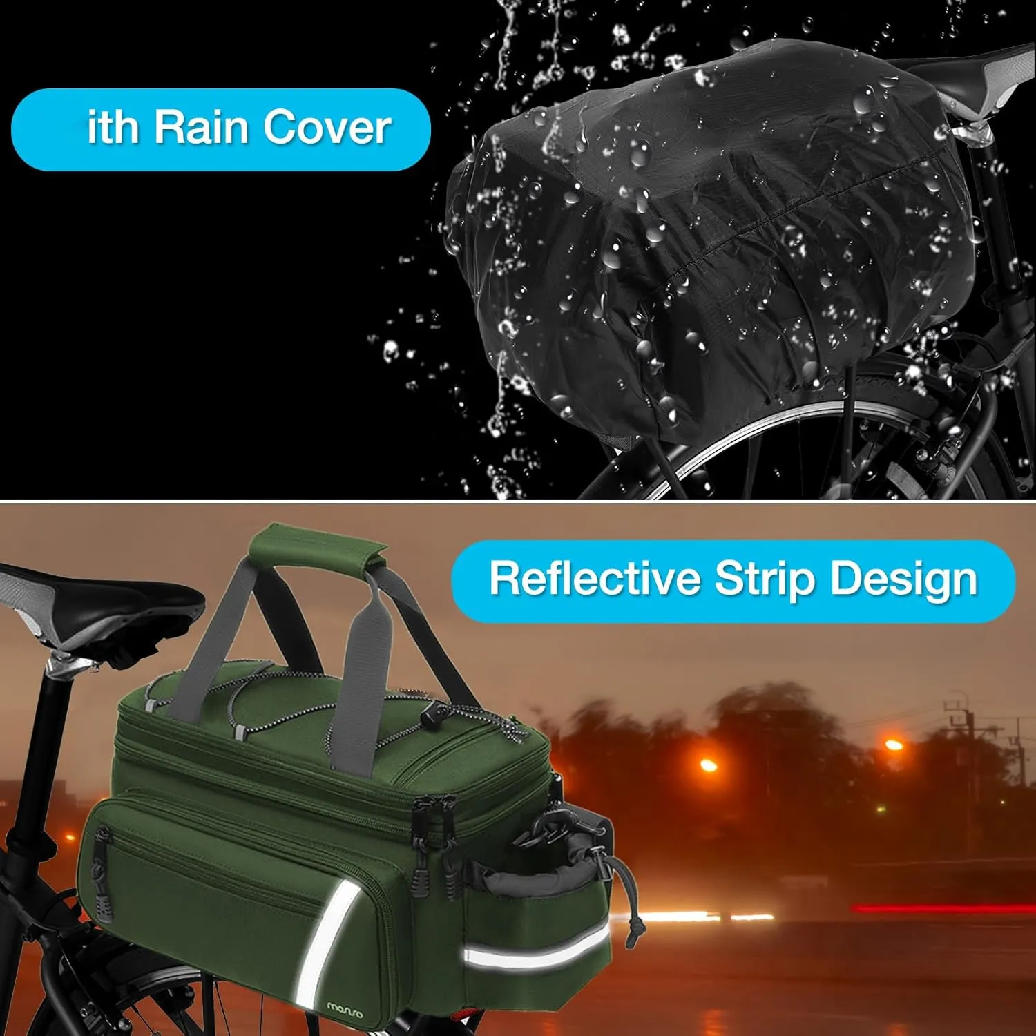MOSISO Bike Rack Bag with Rain Cover, Bike Trunk Cooler Handag Insulated Bicycle Rear Seat Pouch with 2 Side Foldable Panniers, 8L Cycling Backseat Storage Cargo Saddle Shoulder Bag, Wllow Green