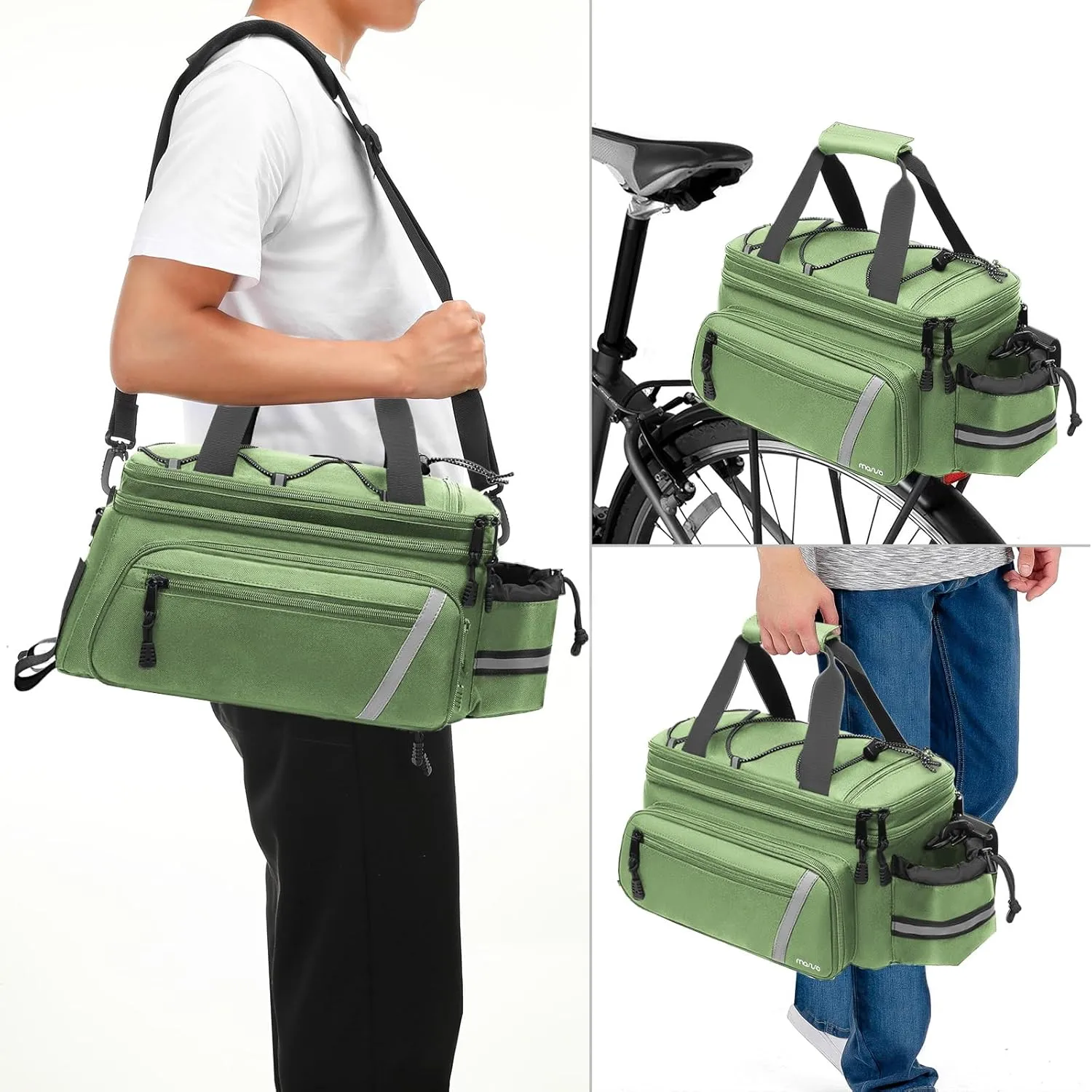 MOSISO Bike Rack Bag with Rain Cover, Bike Trunk Cooler Handag Insulated Bicycle Rear Seat Pouch with 2 Side Foldable Panniers, 8L Cycling Backseat Storage Cargo Saddle Shoulder Bag, Wllow Green