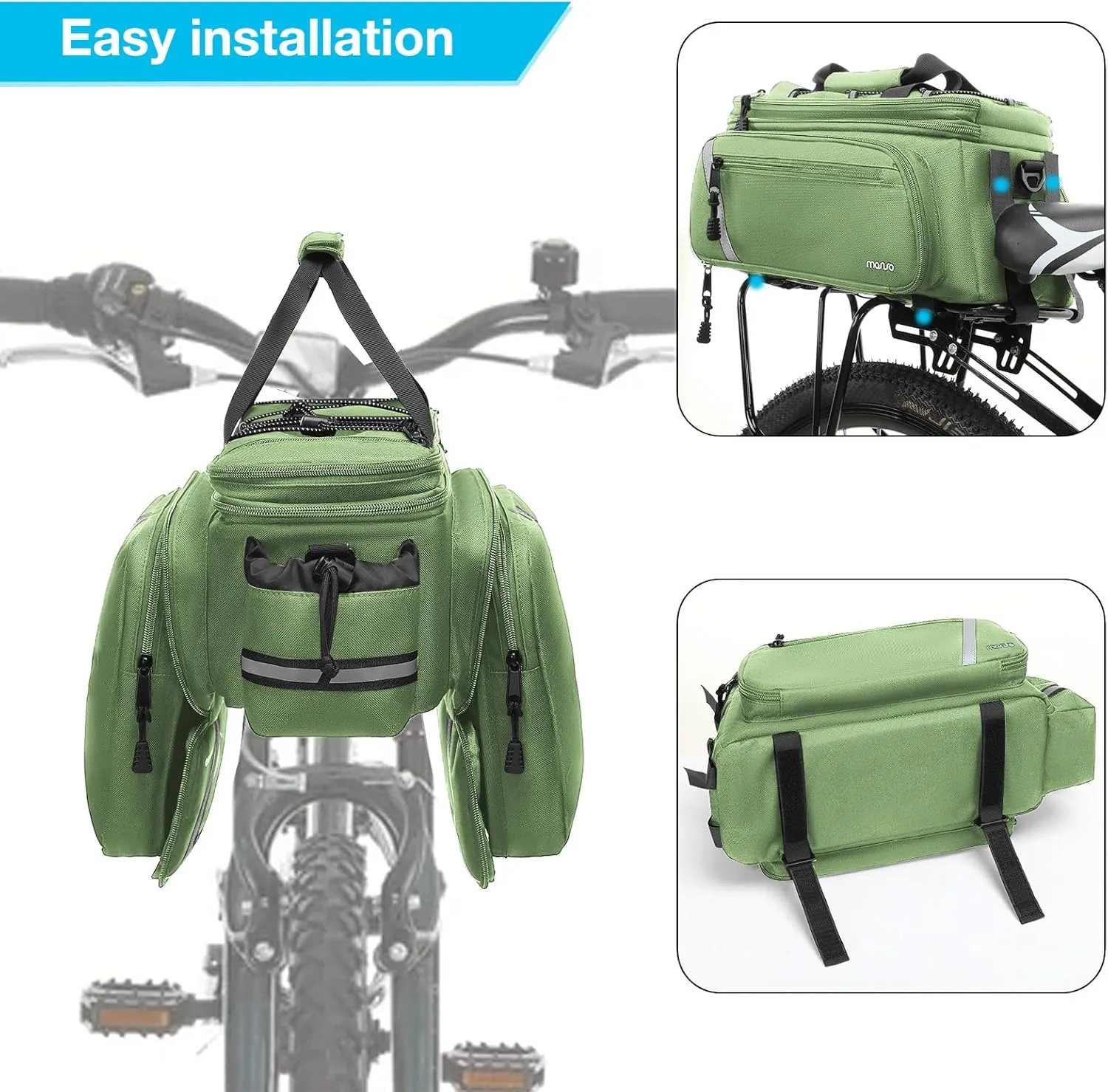 MOSISO Bike Rack Bag with Rain Cover, Bike Trunk Cooler Handag Insulated Bicycle Rear Seat Pouch with 2 Side Foldable Panniers, 8L Cycling Backseat Storage Cargo Saddle Shoulder Bag, Wllow Green