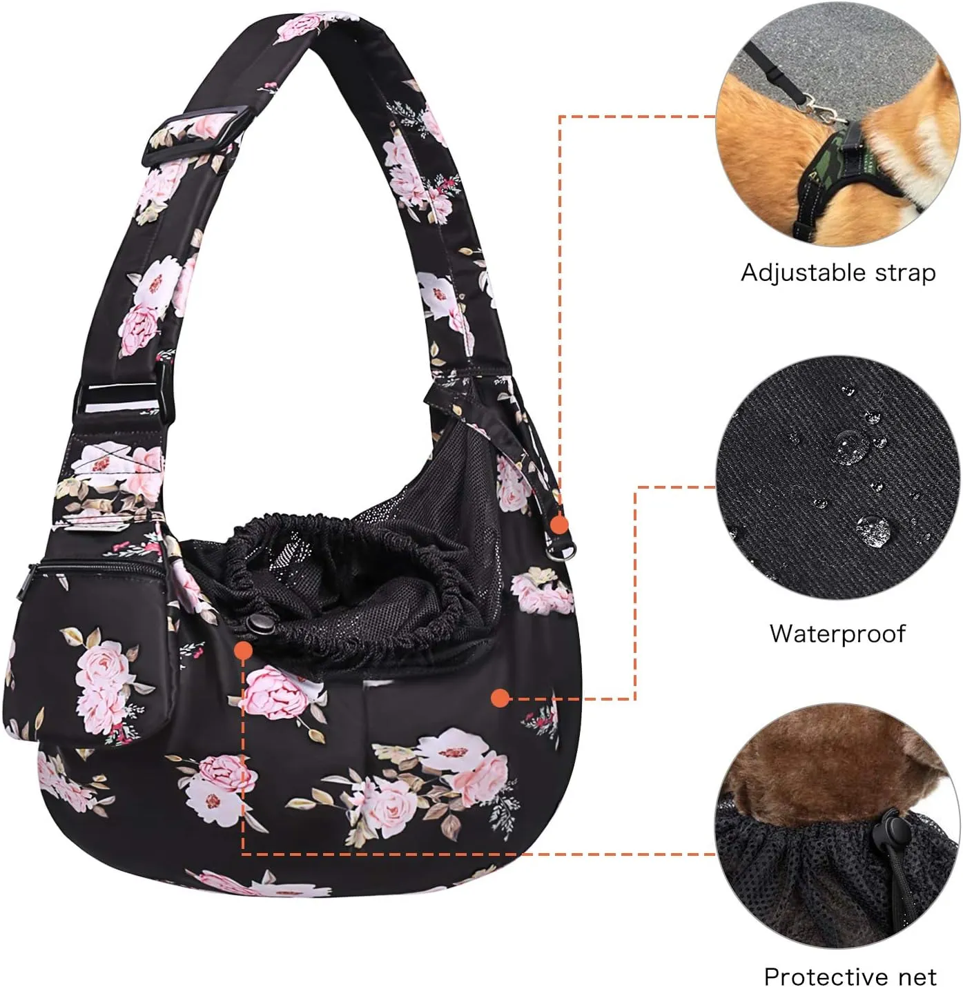 MOSISO Dog Cat Sling Carrier, Pet Carrier Camellia Tote Bag Hands Free Adjustable Padded Strap Breathable Polyester Soft Carrying Travel Shoulder Bag with Front Pocket for Small Dog Cat, Black