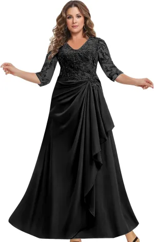 Mother of The Bride Dresses with Sleeves Lace Applique Chiffon V Neck Ruffle Long Formal Wedding Evening Dress