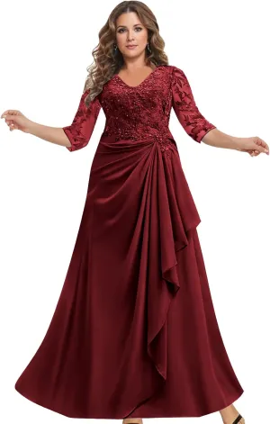 Mother of The Bride Dresses with Sleeves Lace Applique Chiffon V Neck Ruffle Long Formal Wedding Evening Dress