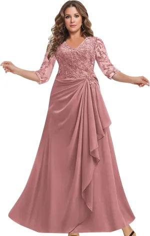 Mother of The Bride Dresses with Sleeves Lace Applique Chiffon V Neck Ruffle Long Formal Wedding Evening Dress