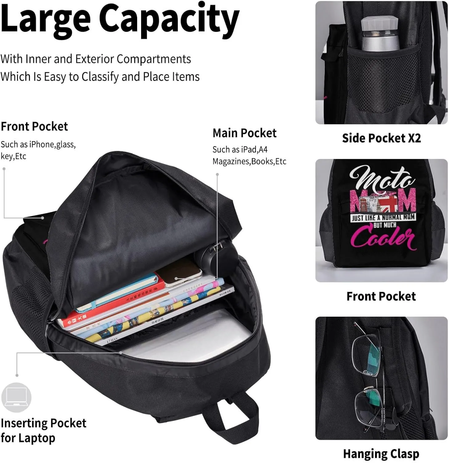 Moto Mom Just Like Normal Mom But Much Cooler Multifunctional Pocket Backpack Crossbody Lunch Bag Pencil Case 3Pcs Set Large Capacity Backpack
