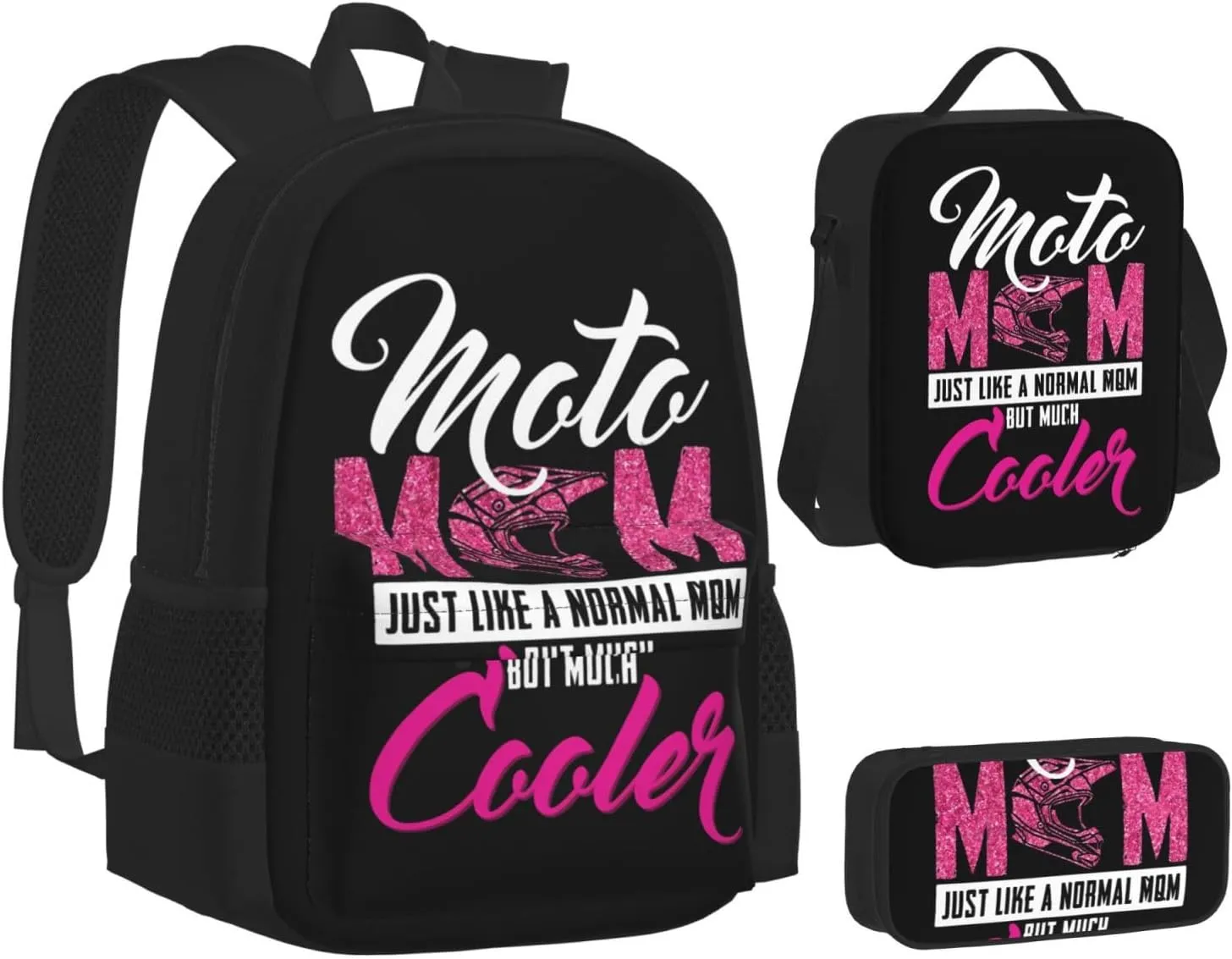 Moto Mom Just Like Normal Mom But Much Cooler Multifunctional Pocket Backpack Crossbody Lunch Bag Pencil Case 3Pcs Set Large Capacity Backpack
