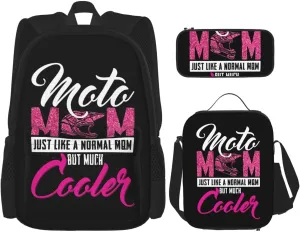 Moto Mom Just Like Normal Mom But Much Cooler Multifunctional Pocket Backpack Crossbody Lunch Bag Pencil Case 3Pcs Set Large Capacity Backpack
