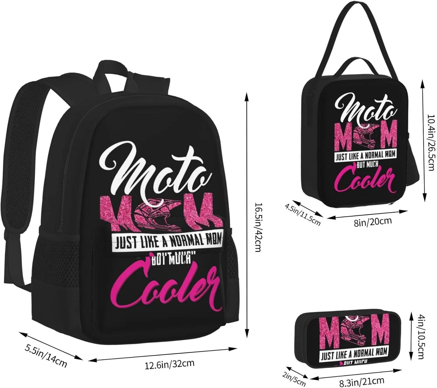 Moto Mom Just Like Normal Mom But Much Cooler Multifunctional Pocket Backpack Crossbody Lunch Bag Pencil Case 3Pcs Set Large Capacity Backpack