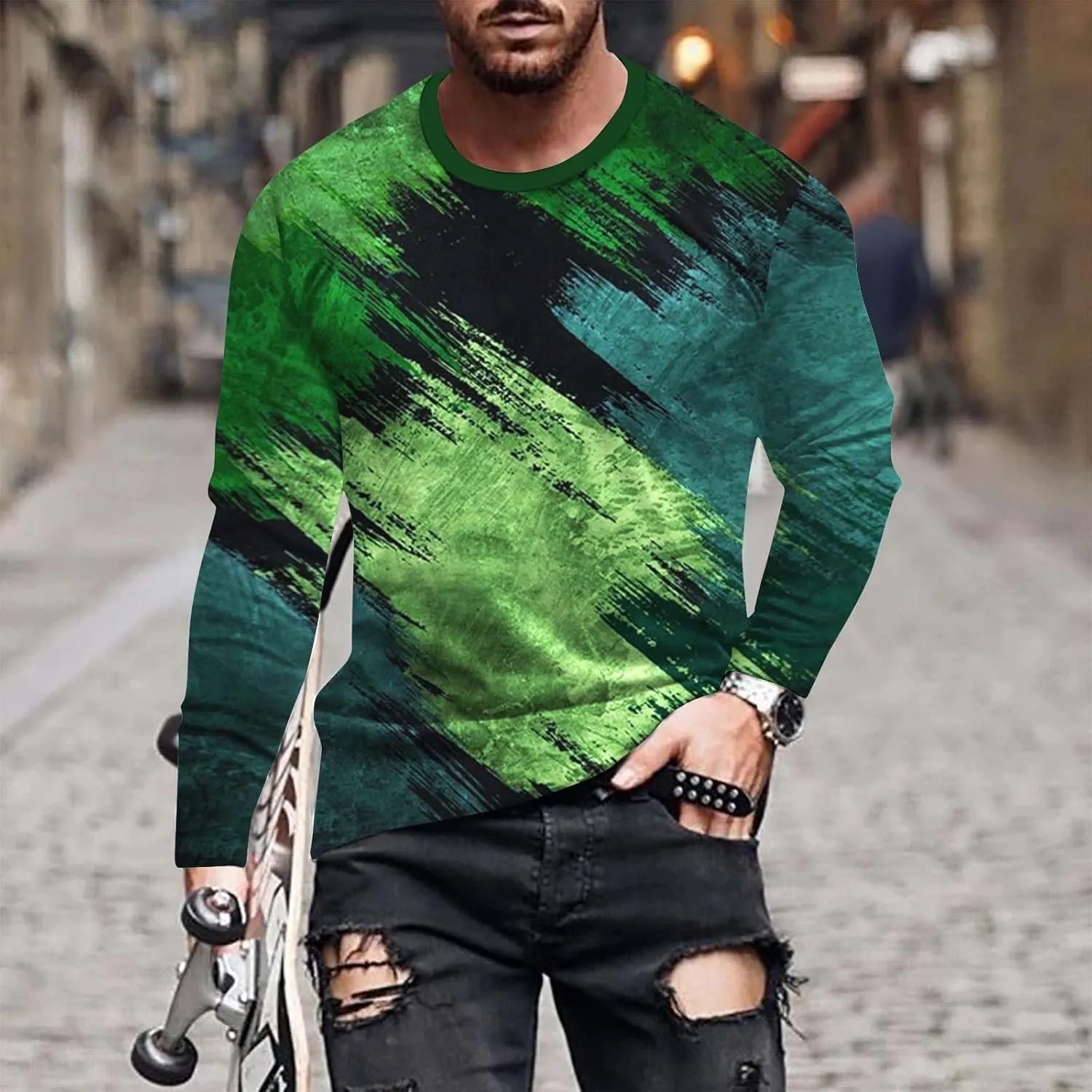 Muscularfit Crewneck Sweatshirt for Men 2024 Fashion Long Sleeve Contrast Color Pullover Blouse Casual Stylish Athletic Shirt