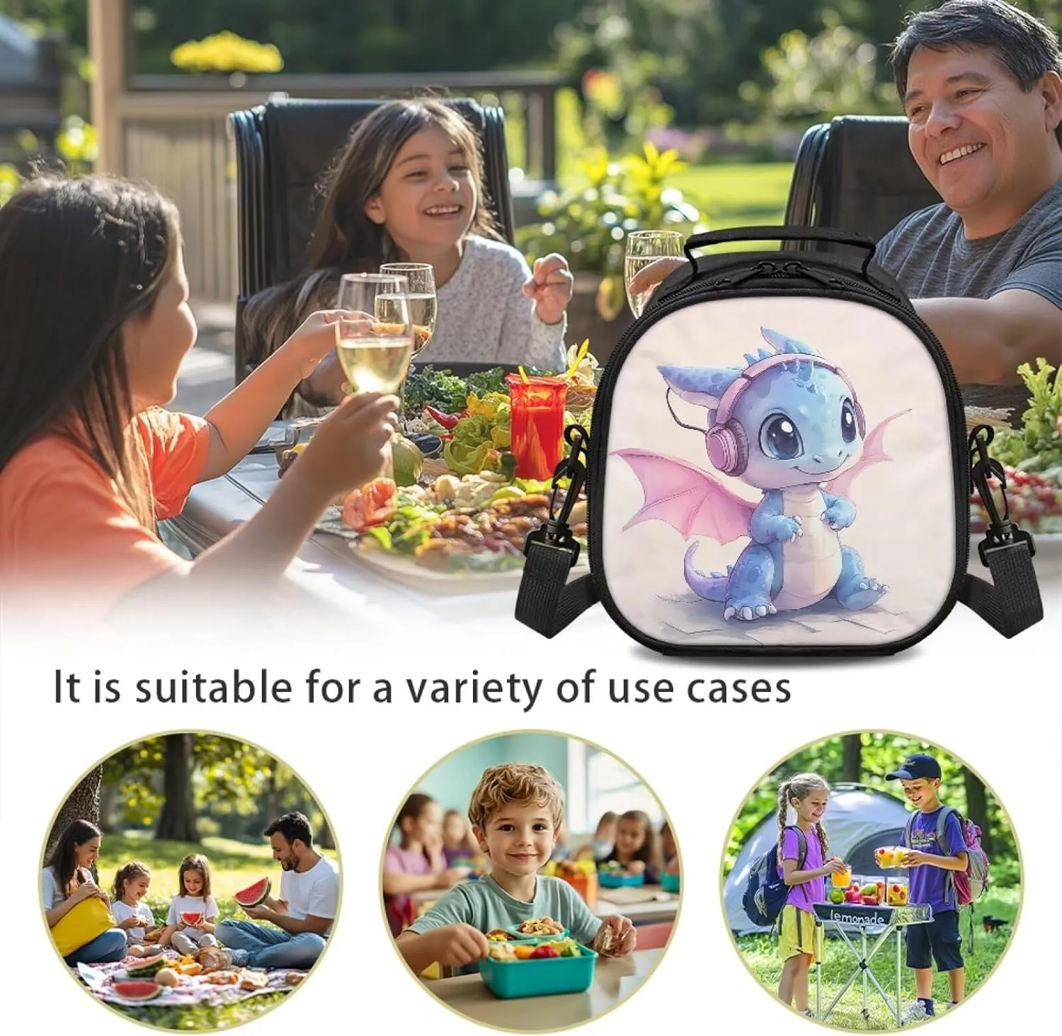 Music Dragon Lunch Bag Keep Food Warm Lunch Container Insulated Reusable Lunchbox with Detachable Handle & Adjustable Shoulder Strap for Kids for School Kawaii Lunchboxes