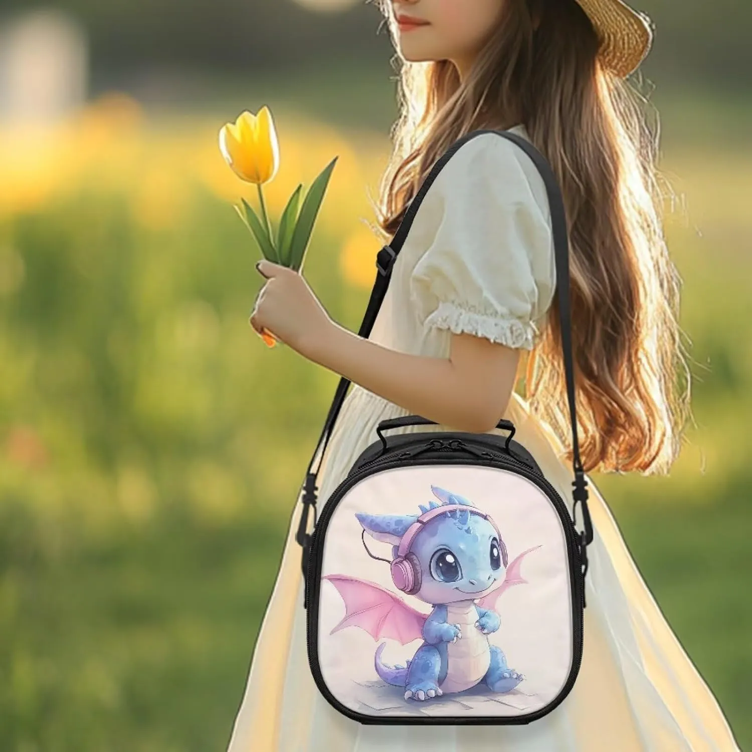 Music Dragon Lunch Bag Keep Food Warm Lunch Container Insulated Reusable Lunchbox with Detachable Handle & Adjustable Shoulder Strap for Kids for School Kawaii Lunchboxes