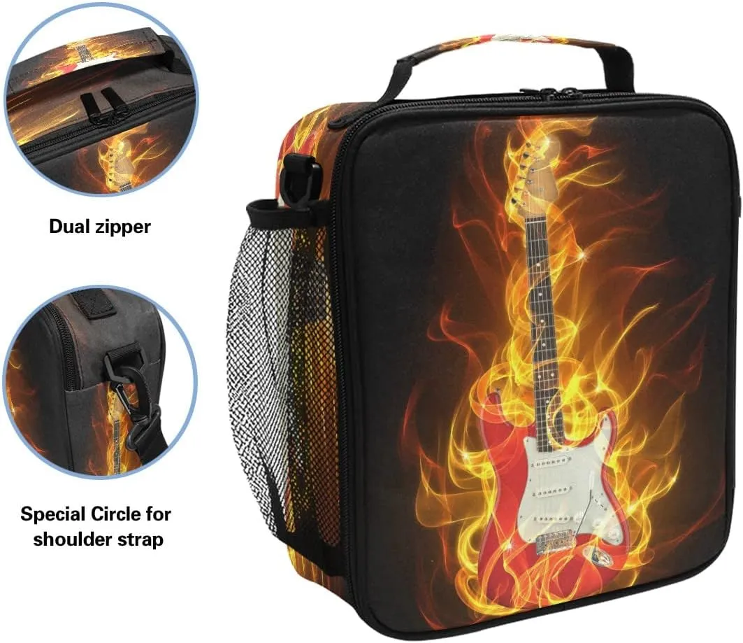 Music Electric Guitar Lunch Box Reusable Insulated Lunch Bag,Fire Flames Guitar Meal Prep Tote Bag Cooler for Women Men Teens School Office Outdoor Use