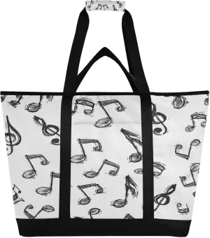 Music Notation Large Insulated Tote Bag,Foldable Reusable Grocery Bag Cooler Bag with Cooler Compartment for Grocery, Picnic, Beach, Hiking, Camping, and Outdoor Activities
